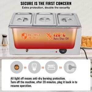 3 pan commercial food warmer, 17.4qt electric steam table, 1200w professional countertop stainless steel buffet bain marie with 86 185 fahrenheit temp control, silver