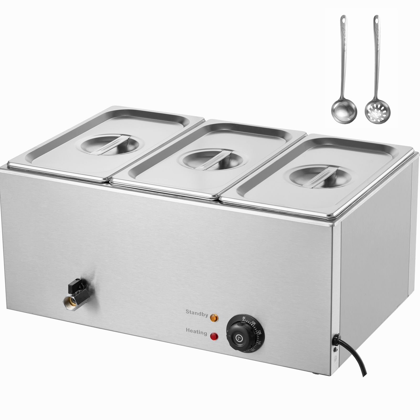3 pan commercial food warmer, 17.4qt electric steam table, 1200w professional countertop stainless steel buffet bain marie with 86 185 fahrenheit temp control, silver
