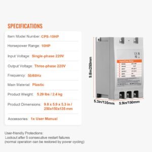 3 phase converter 10hp 30a 220v single phase to 3 phase converter, digital phase shifter for residential and light commercial use, 220v input/output (one converter for one motor only)