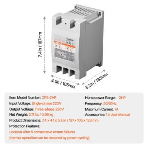 3 phase converter 2hp 7a 220v single phase to 3 phase converter, 220v input/output, digital phase shifter for residential & light commercial use (one converter for one motor only)