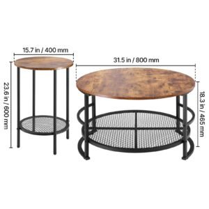 3 pieces round coffee table sets, 31.5 in industrial living room table with 2 end side tables, easy assembly coffee and end tables sets with metal legs, for office, living room and apartment