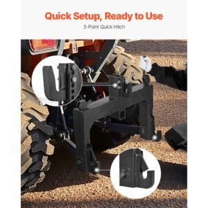 3 point quick hitch with 2 in receiver, 3000 lbs lift capacity, 3 pt hitch with 5 level adjustable bolt, adaptation to category 1 & 2 tractor, heavy duty 3 point attachments, black