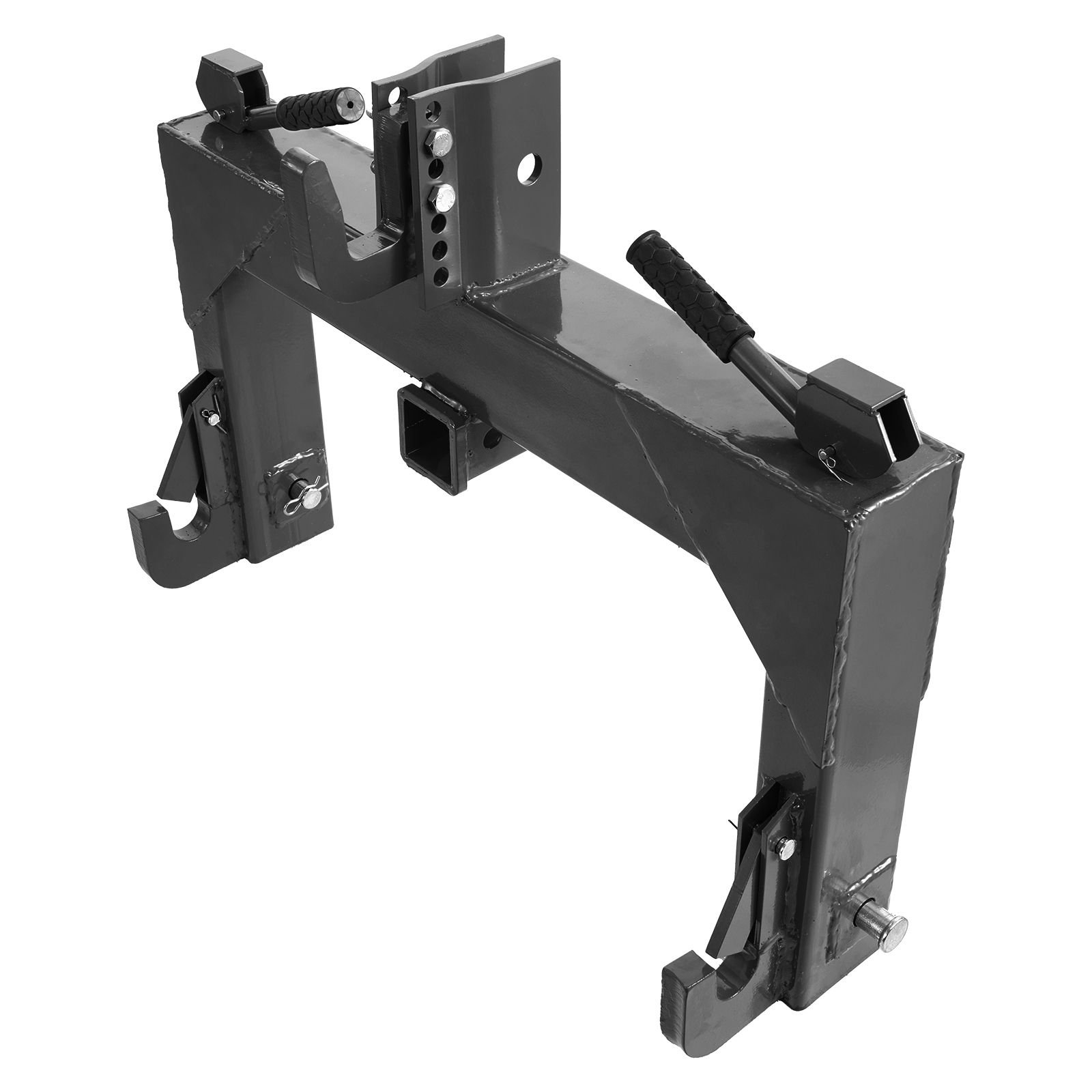 3 point quick hitch with 2 in receiver, 3000 lbs lift capacity, 3 pt hitch with 5 level adjustable bolt, adaptation to category 1 & 2 tractor, heavy duty 3 point attachments, black