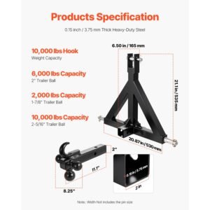 3 point trailer hitch 2 in receiver, 3pt quick hitch attachment with 3 trailer balls, tractor tow drawbar adapter, compatible with kubota, mahindra, ford, yanmar, john deere, massey ferguson