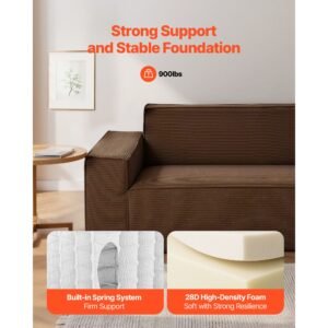 3 seater sofa in a box, 83 inch no assembly corduroy couch with memory foam, deep seats for living room, apartment, or office, brown