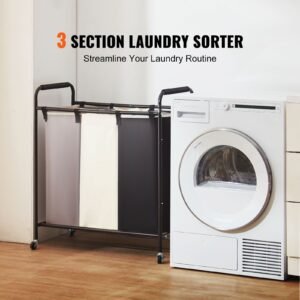 3 section laundry basket, heavy duty laundry hamper storage organizer, laundry sorter cart with heavy duty lockable wheels for dirty clothes in laundry room bedroom