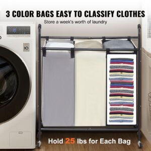 3 section laundry basket, heavy duty laundry hamper storage organizer, laundry sorter cart with heavy duty lockable wheels for dirty clothes in laundry room bedroom