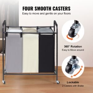 3 section laundry basket, heavy duty laundry hamper storage organizer, laundry sorter cart with heavy duty lockable wheels for dirty clothes in laundry room bedroom