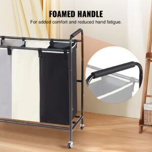 3 section laundry basket, heavy duty laundry hamper storage organizer, laundry sorter cart with heavy duty lockable wheels for dirty clothes in laundry room bedroom