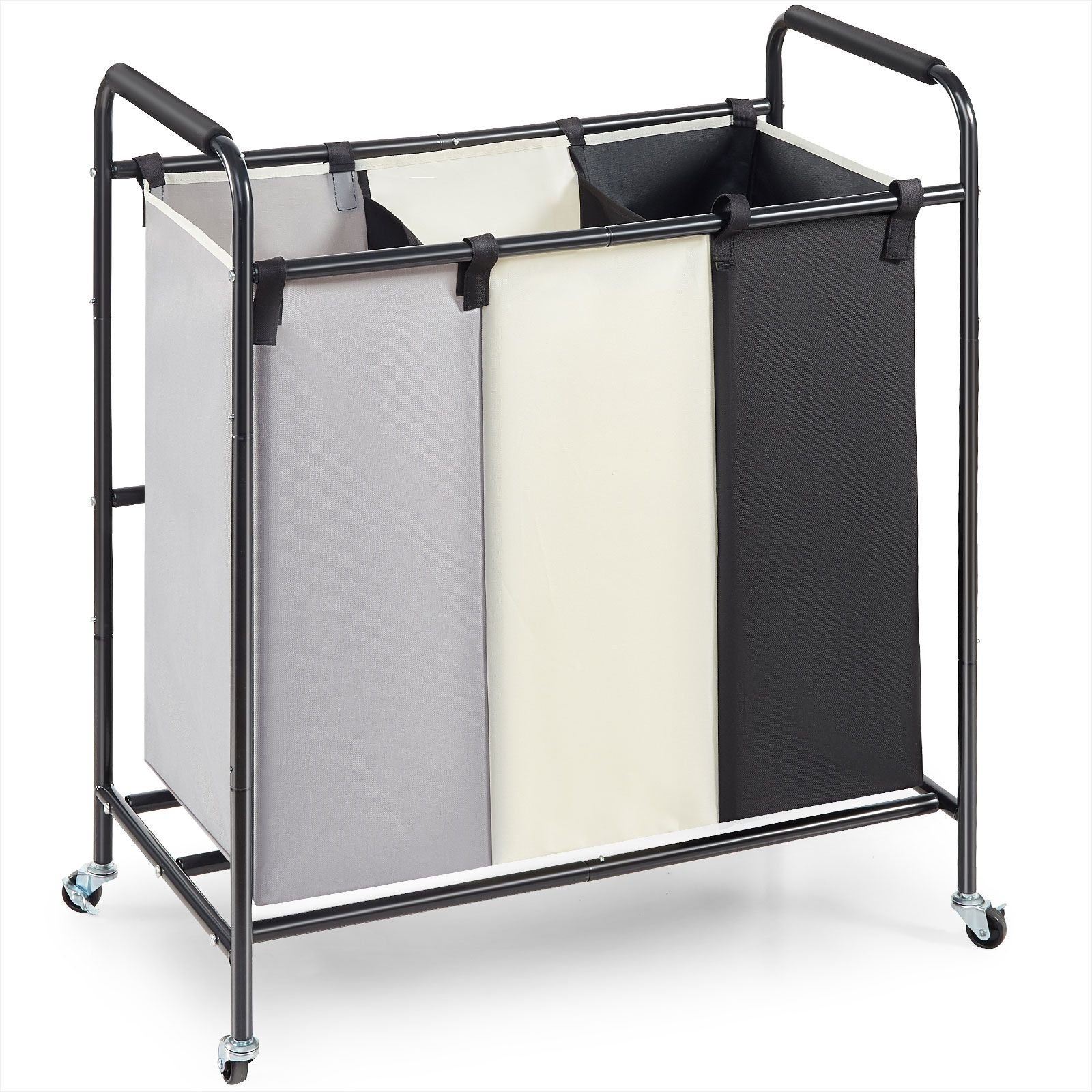 3 section laundry basket, heavy duty laundry hamper storage organizer, laundry sorter cart with heavy duty lockable wheels for dirty clothes in laundry room bedroom