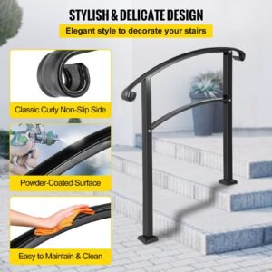 3 step transitional handrail fits 1 or 3 steps matte stair rail wrought iron handrail with installation kit hand rails for outdoor steps (unadjustable) (black)