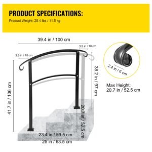3 step transitional handrail fits 1 or 3 steps matte stair rail wrought iron handrail with installation kit hand rails for outdoor steps (unadjustable) (black)