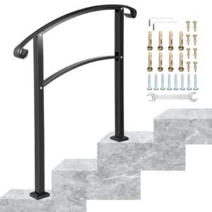 3 step transitional handrail fits 1 or 3 steps matte stair rail wrought iron handrail with installation kit hand rails for outdoor steps (unadjustable) (black)