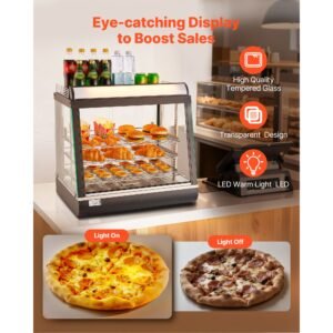 3 tier commercial food warmer display, 1200w food display warmer with led light, top storage and adjustable shelves, 86 185 fahrenheit steam heating, 75l for hamburger, pizza, bread