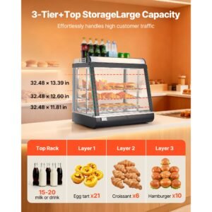 3 tier commercial food warmer display, 1200w food display warmer with led light, top storage and adjustable shelves, 86 185 fahrenheit steam heating, 75l for hamburger, pizza, bread