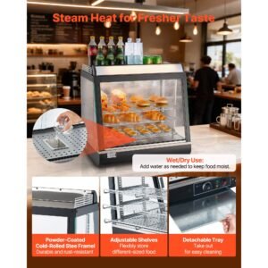 3 tier commercial food warmer display, 1200w food display warmer with led light, top storage and adjustable shelves, 86 185 fahrenheit steam heating, 75l for hamburger, pizza, bread