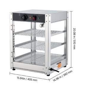 3 tier commercial food warmer display, 800w food display warmer with led light, adjustable shelf and stainless steel frame, 86 185 f air heating, 34l for hamburger, pizza, bread, fried chicken