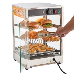 3-Tier Commercial Food Warmer Display, 800W Food Display Warmer with LED Light, Adjustable Shelf and Stainless Steel Frame, 86-185 Fahrenheit Air Heating, 60L for Hamburger, Pizza, Bread