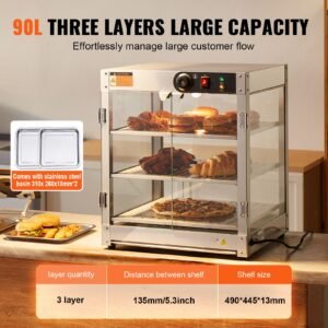 3 tier commercial food warmer display, 800w food display warmer with light to enhance food display, 86 185 f temperature control, 90l large capacity for hamburger, pizza, bread, fried chicken