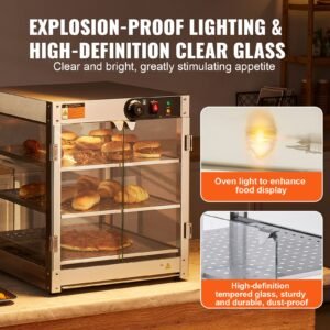 3 tier commercial food warmer display, 800w food display warmer with light to enhance food display, 86 185 f temperature control, 90l large capacity for hamburger, pizza, bread, fried chicken