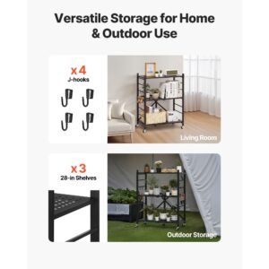 3 tier foldable storage shelf, 28w x 13d x 36h inch folding metal rack shelving unit, no assembly organizer shelf with 5 wheels & 4 hooks for pantry, kitchen, garage, basement, black