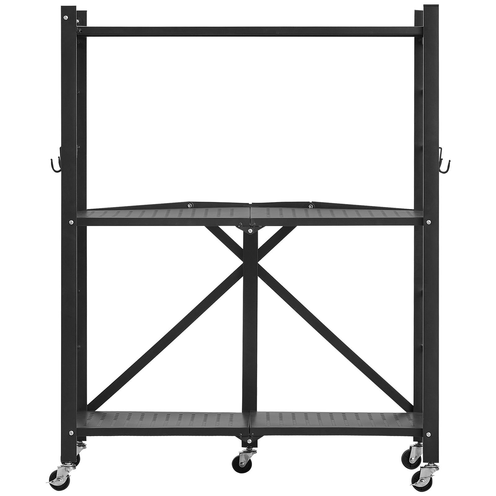 3 tier foldable storage shelf, 28w x 13d x 36h inch folding metal rack shelving unit, no assembly organizer shelf with 5 wheels & 4 hooks for pantry, kitchen, garage, basement, black