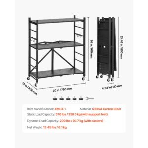 3 tier foldable storage shelf, 30w x 13d x 36h inch folding metal rack shelving unit, no assembly organizer shelf with 5 wheels & 4 hooks for pantry, kitchen, garage, basement, black