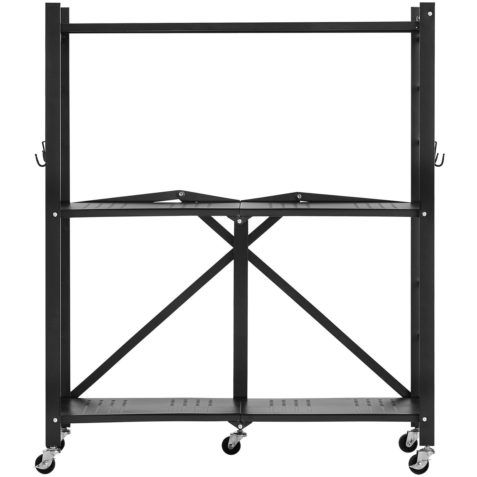 3 tier foldable storage shelf, 30w x 13d x 36h inch folding metal rack shelving unit, no assembly organizer shelf with 5 wheels & 4 hooks for pantry, kitchen, garage, basement, black