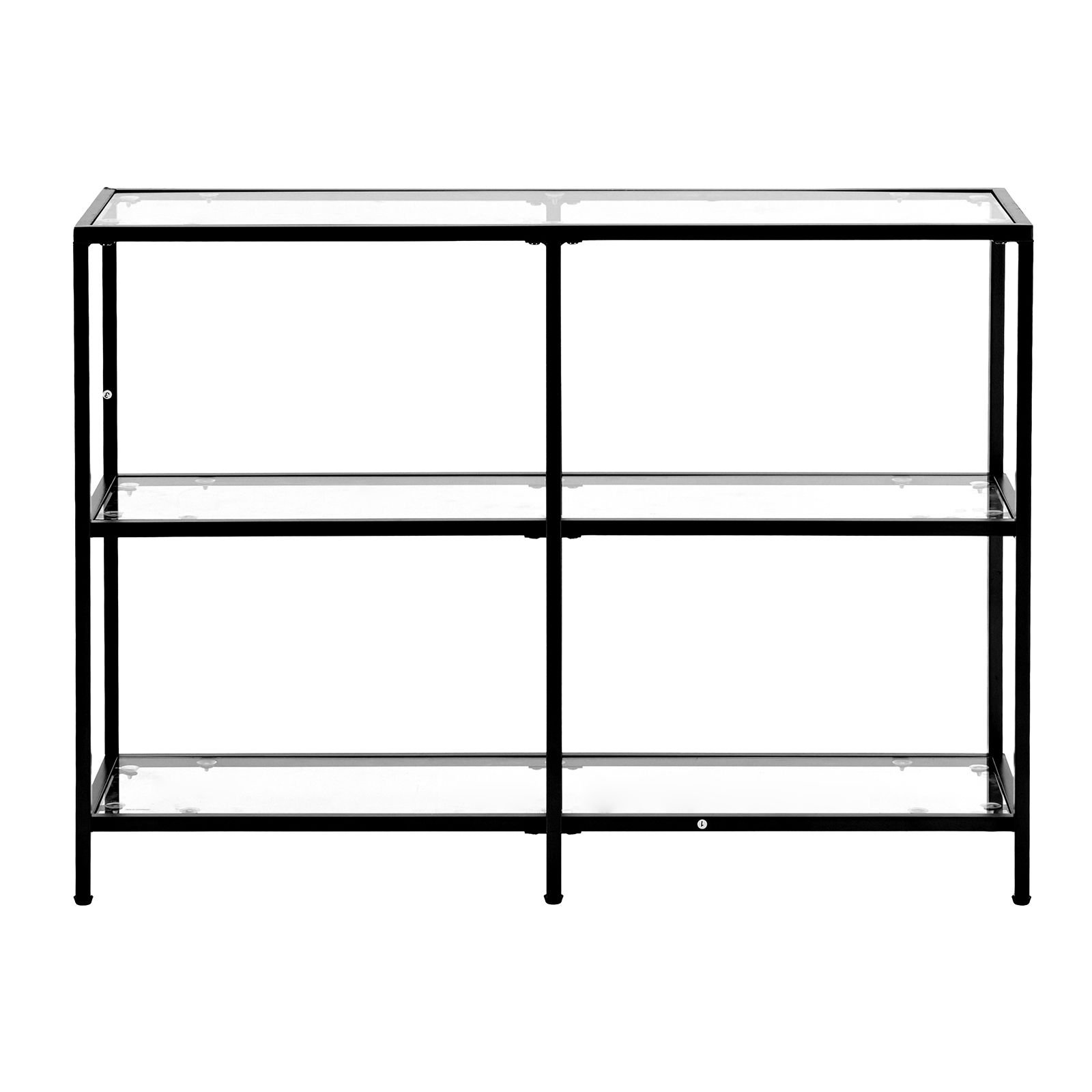 3 tier glass console table, modern rectangle sofa side table with tempered glass top and iron legs, golden consloe desk with anti tip device for living room, hallway, entryway, foyer, black