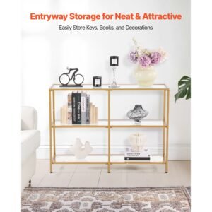3 tier glass console table, modern rectangle sofa side table with tempered glass top and iron legs, golden consloe desk with anti tip device for living room, hallway, entryway, foyer, golden