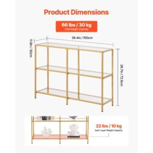 3 tier glass console table, modern rectangle sofa side table with tempered glass top and iron legs, golden consloe desk with anti tip device for living room, hallway, entryway, foyer, golden