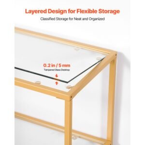 3 tier glass console table, modern rectangle sofa side table with tempered glass top and iron legs, golden consloe desk with anti tip device for living room, hallway, entryway, foyer, golden