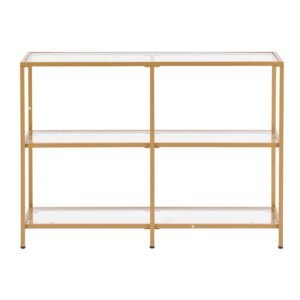 3-Tier Glass Console Table, Modern Rectangle Sofa Side Table with Tempered Glass Top and Iron Legs, Golden Consloe Desk with Anti-Tip Device for Living Room, Hallway, Entryway, Foyer, Golden