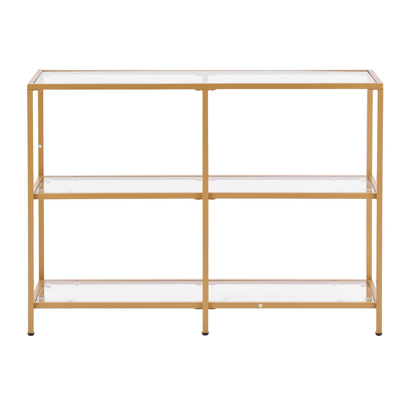 3 tier glass console table, modern rectangle sofa side table with tempered glass top and iron legs, golden consloe desk with anti tip device for living room, hallway, entryway, foyer, golden