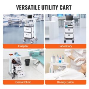 3 tiers lab carts, lab utility cart with 2 drawers & 1 top tray, mobile medical cart with abs material, lab rolling cart with 4 silent wheels for lab, clinic, hospital, salon, white