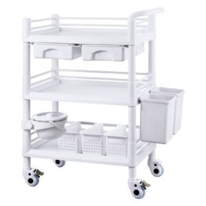 3 Tiers Lab Carts, Lab Utility Cart with 3 Trays & 4 Silent Wheels, Mobile Medical Cart with PP Material, Lab Rolling Cart with 3 Trash Cans for Lab, Clinic, Hospital, Salon, White