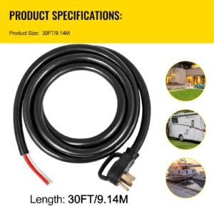 30' 50a rv camp power cord generator cord 6/3 + 8/1 awg nema 14 50p to bare wire