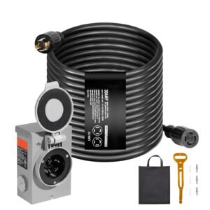 30 Amp Generator Cord and Power Inlet Box Kit, 25 FT, NEMA L14-30P/L14-30R STW 10 AWG Generator Power Extension Cord with Twist Lock Connector, Pre-Drilled Inlet Box for RV Outdoor, ETL Listed