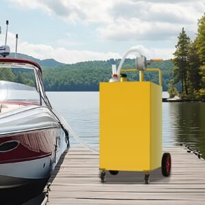 30 gallon fuel caddy, gas storage tank & 4 wheels, with manuel transfer pump, gasoline diesel fuel container for cars, lawn mowers, atvs, boats, more, yellow
