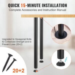 30 inch adjustable desk legs, reinforced steel office table furniture legs set of 4 for diy, 1200 lbs load capacity heavy duty desk legs, quick instalation legs with adjustable foot cup black