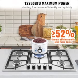 30 inch gas cooktop, 5 burners built in gas stove top, max 12250btu ng/lpg convertible stainless steel natural gas hob, with thermocouple protection for camping, rv, apartment