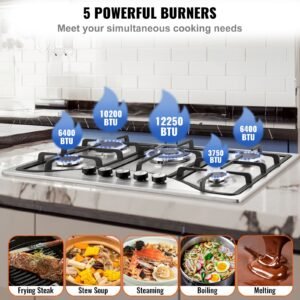 30 inch gas cooktop, 5 burners built in gas stove top, max 12250btu ng/lpg convertible stainless steel natural gas hob, with thermocouple protection for camping, rv, apartment