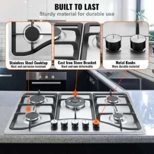 30 inch gas cooktop, 5 burners built in gas stove top, max 12250btu ng/lpg convertible stainless steel natural gas hob, with thermocouple protection for camping, rv, apartment