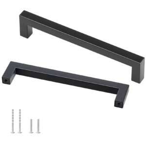 30 Pack Cabinet Pulls, 6.3 inch /160mm Center to Center Slim Square Kitchen Cabinet Drawer, Stainless Steel Modern Kitchen Cupboard Door Handles for Kitchen Bathroom Bar Hardware Matte Black