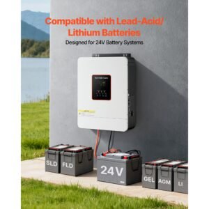 3000w hybrid solar inverter, 24v dc to 230v ac, pure sine wave power inverter charger, built in 80a mppt solar controller, compatible with lead acid lithium battery, for home, camper, off grid