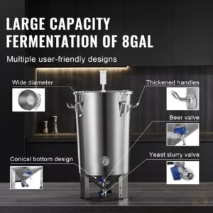 304 stainless steel kettle, 8 gallon beer brew fermentor, brew bucket fermentor for brewing, home brewing supplies with base, kettle stock pot includes lid, handle, valve, spigot, thermometer