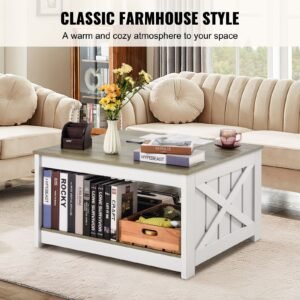 31.5" farmhouse coffee table, square coffee table with open storage compartment, wooden rustic cocktail table for living room, bedroom, apartment, studio, gray & white
