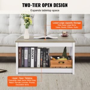 31.5" farmhouse coffee table, square coffee table with open storage compartment, wooden rustic cocktail table for living room, bedroom, apartment, studio, gray & white