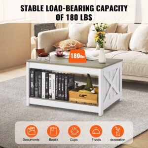 31.5" farmhouse coffee table, square coffee table with open storage compartment, wooden rustic cocktail table for living room, bedroom, apartment, studio, gray & white