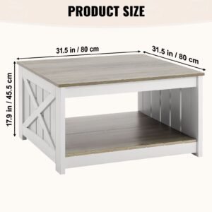 31.5" farmhouse coffee table, square coffee table with open storage compartment, wooden rustic cocktail table for living room, bedroom, apartment, studio, gray & white